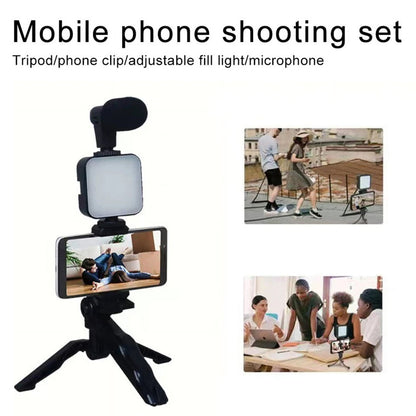 Smartphone Vlogging Kit with Tripod Phone Holder Mini Microphone LED Fill Light Starter for Tiktok Live Stream Video Youtube